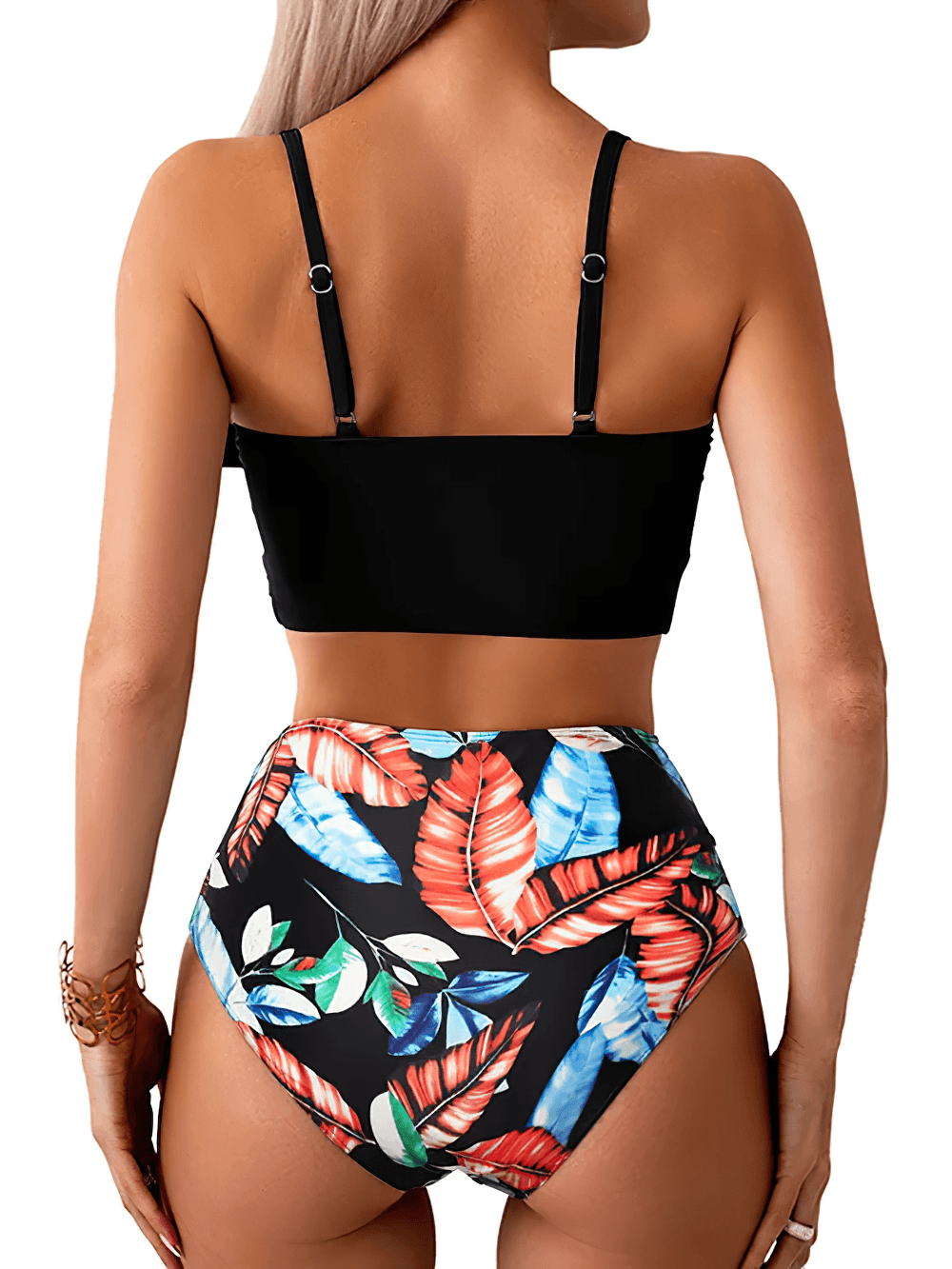 Female Twist Front High Waist Swimsuit Set - SF4611 featuring ruched swim and tropical prints from the back.