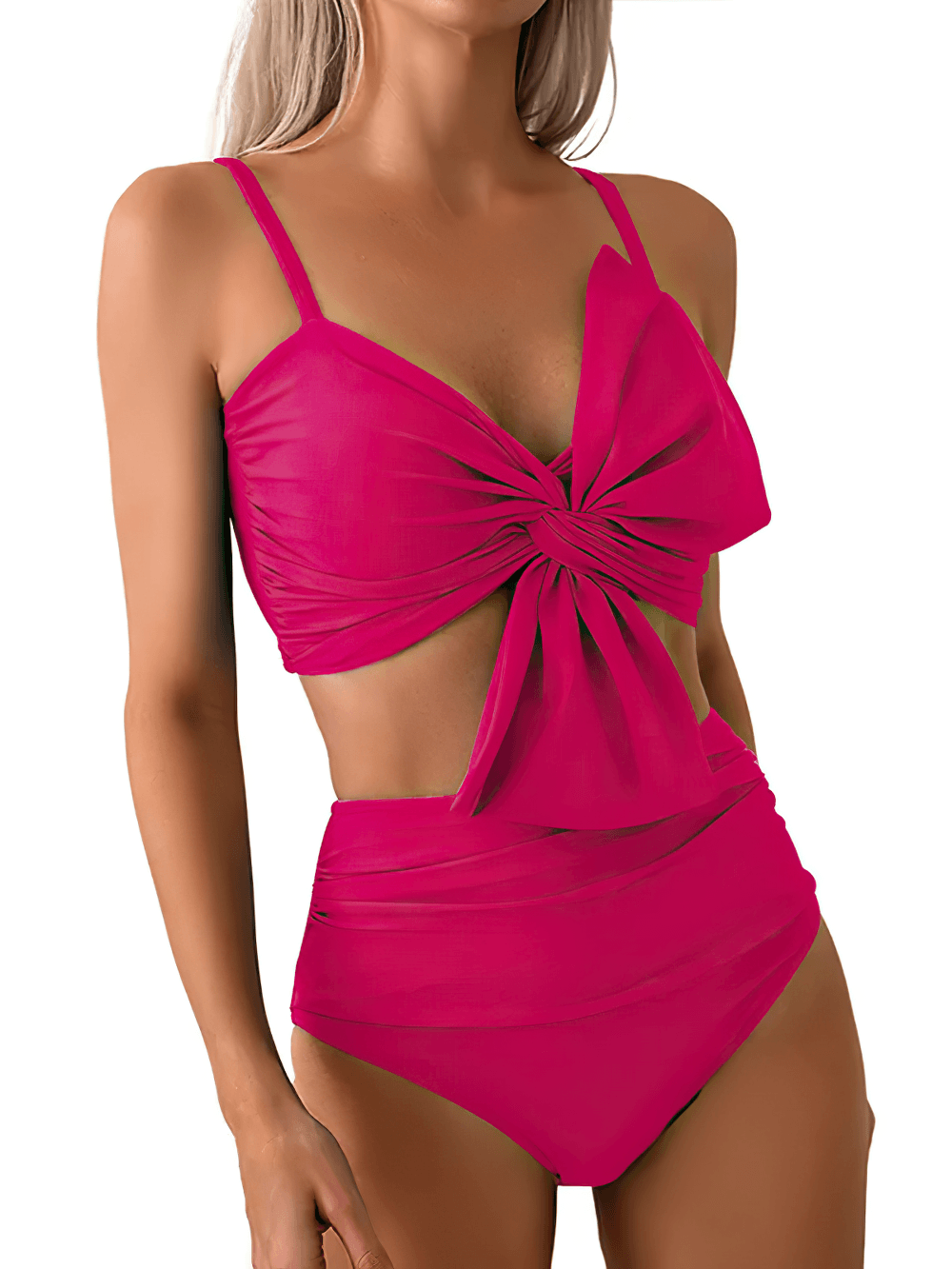 Female Twist Front High Waist Swimsuit Set - SF4611 in vibrant pink with stylish twist front and high waist.