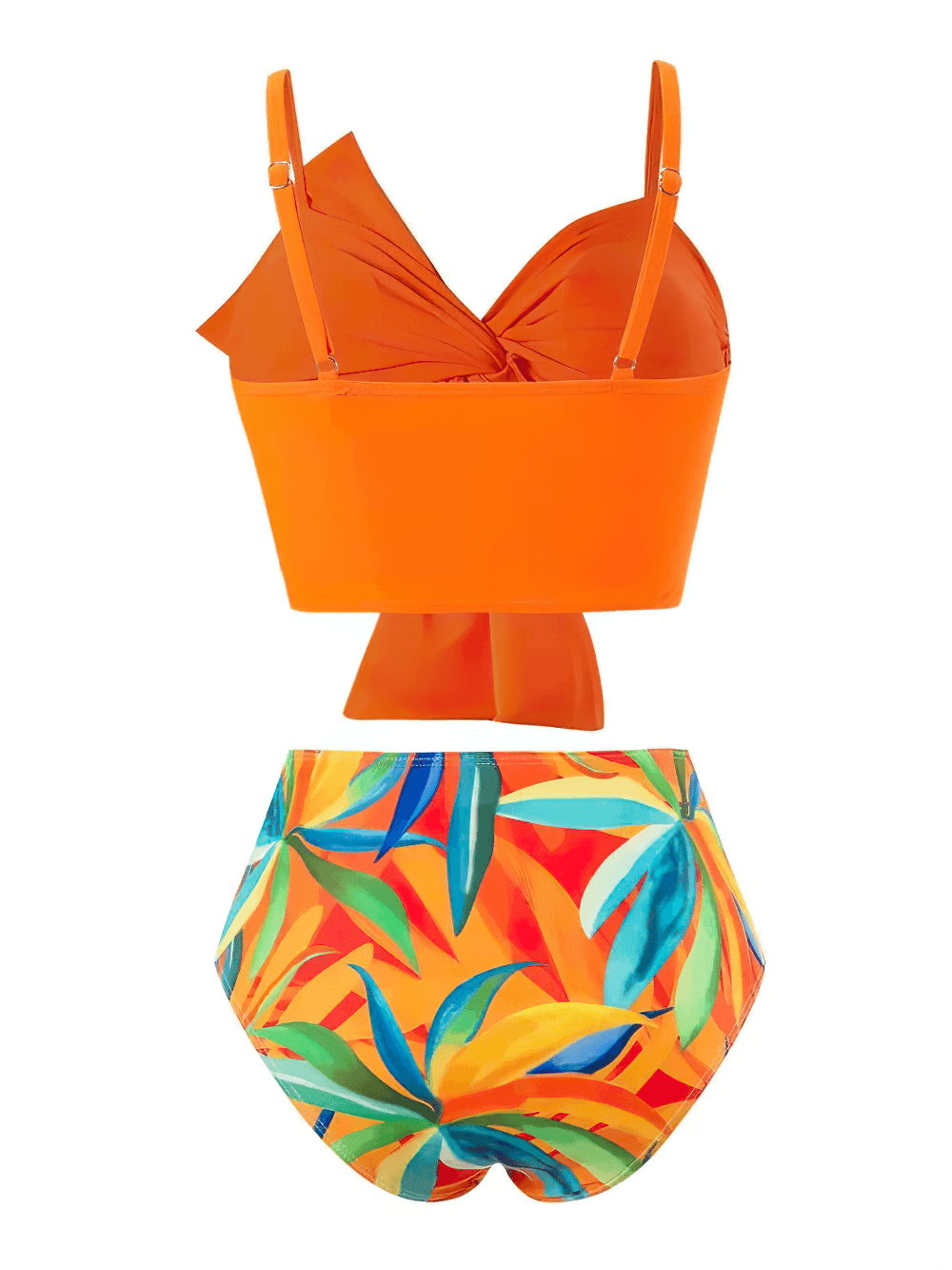 Female Twist Front High Waist Swimsuit Set - SF4611 in bold orange and vibrant tropical print for stylish beachwear.