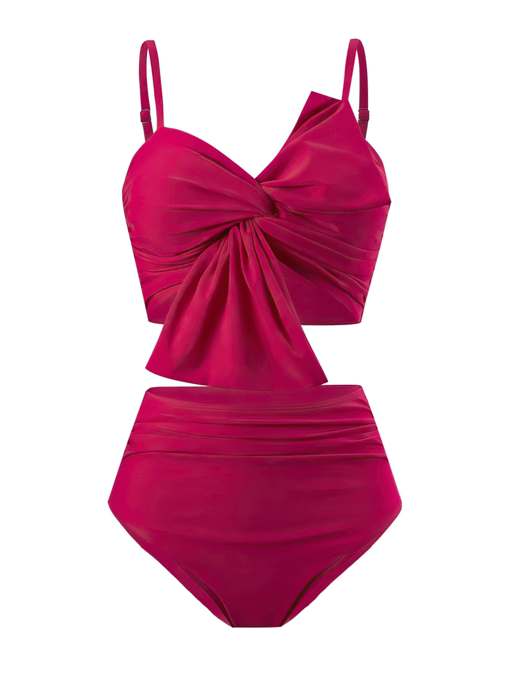 Female Twist Front High Waist Swimsuit Set - SF4611 in vibrant pink with ruched top and high-waisted bottom.