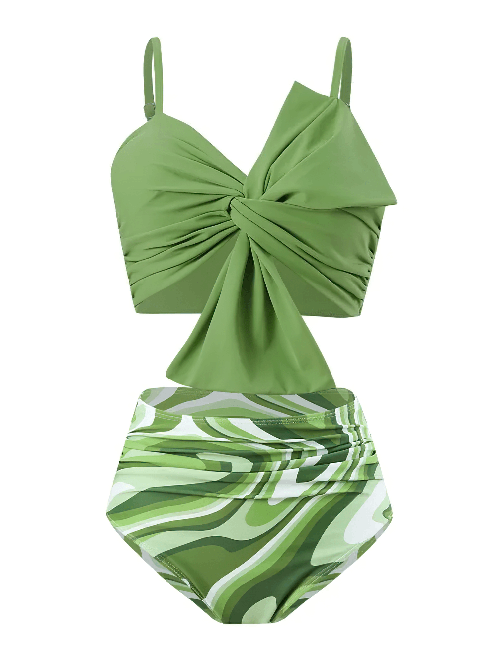 Female Twist Front High Waist Swimsuit Set - SF4611 in bold green and tropical prints, featuring ruched swim bottoms.