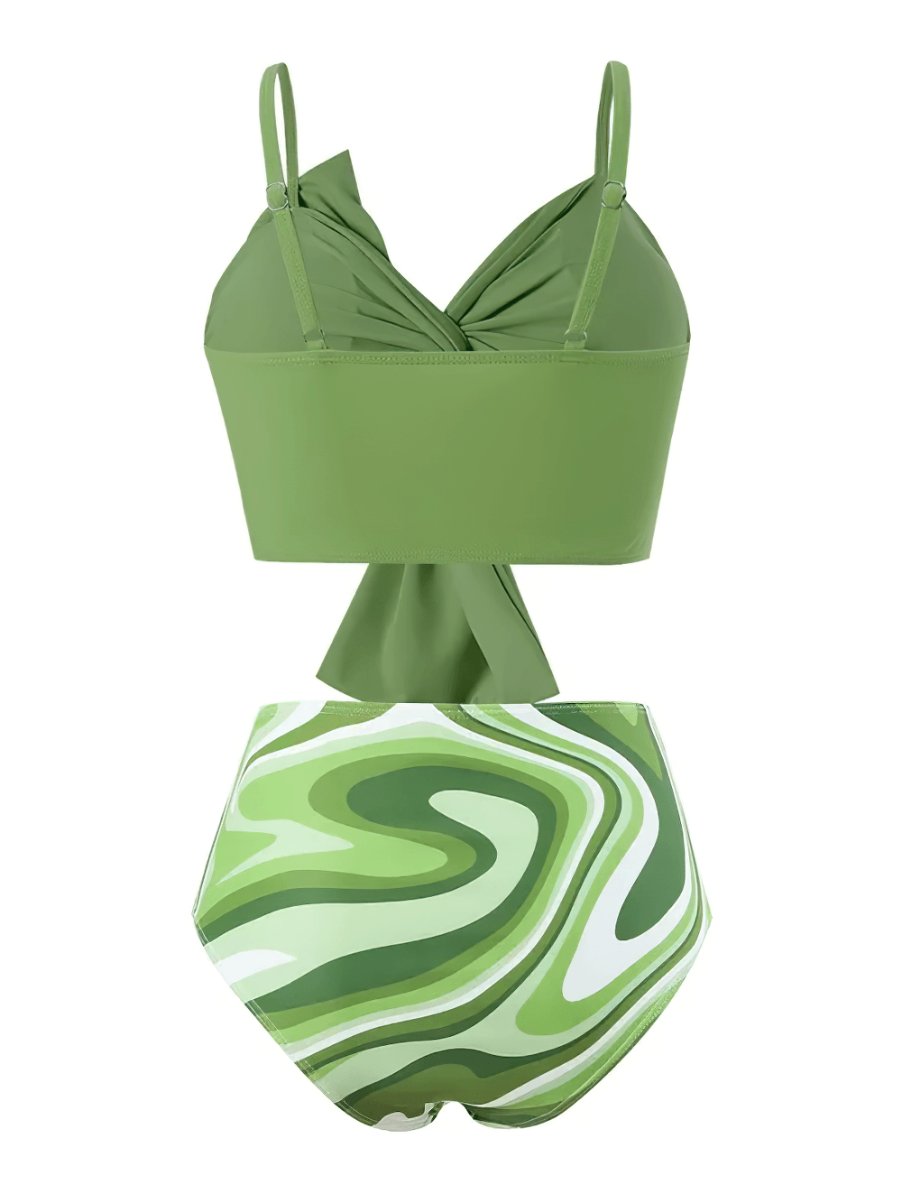 Female Twist Front High Waist Swimsuit Set - SF4611 in green with ruched top and printed high-waist bottoms.