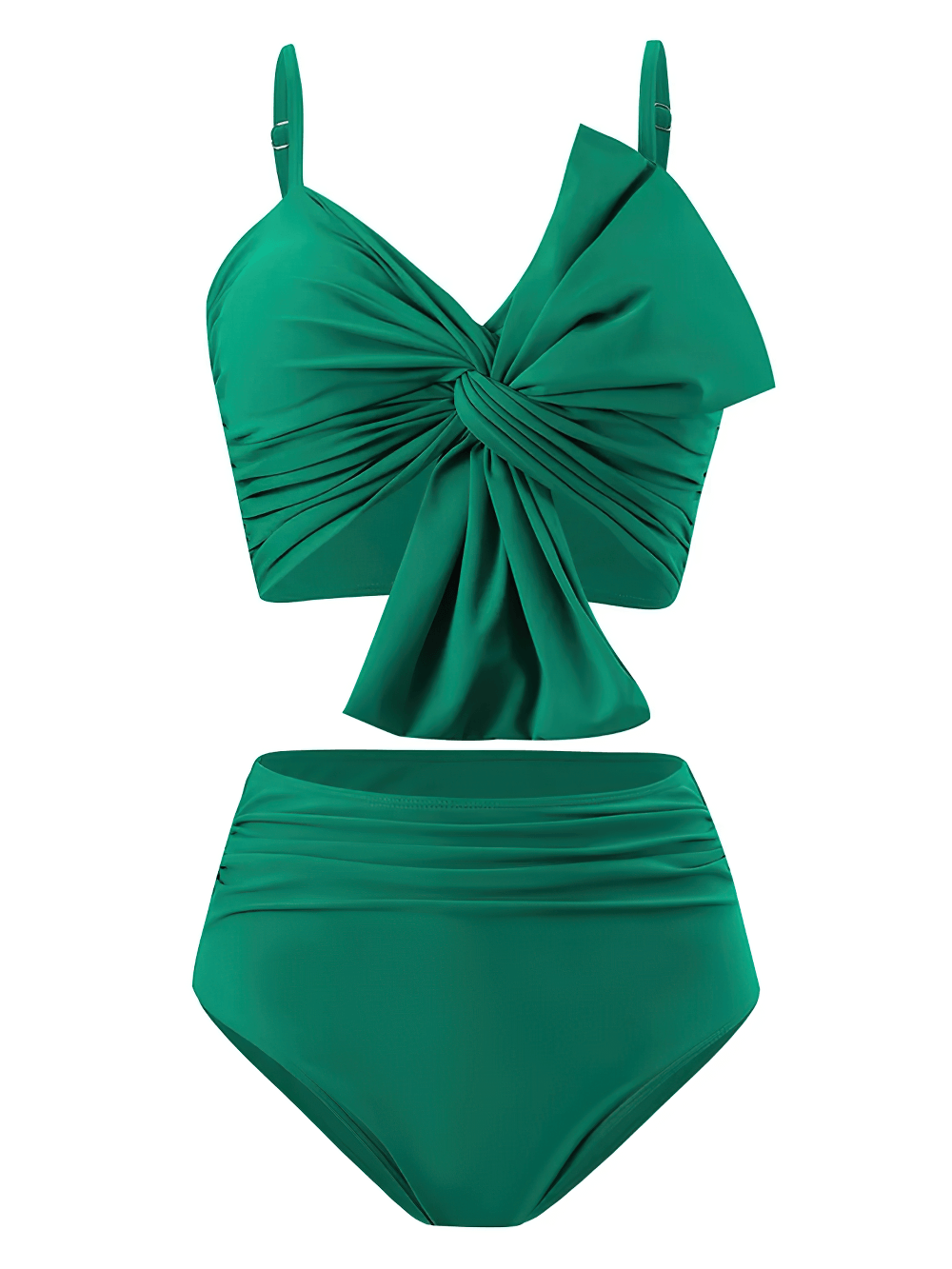 Female Twist Front High Waist Swimsuit Set - SF4611 in bold green color with twist front and high-waisted design.