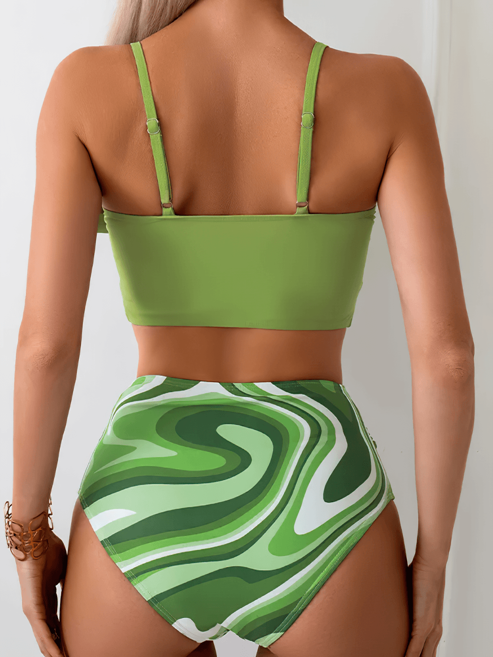 Female Twist Front High Waist Swimsuit Set - SF4611 back view showing green top and printed high-waist bottoms