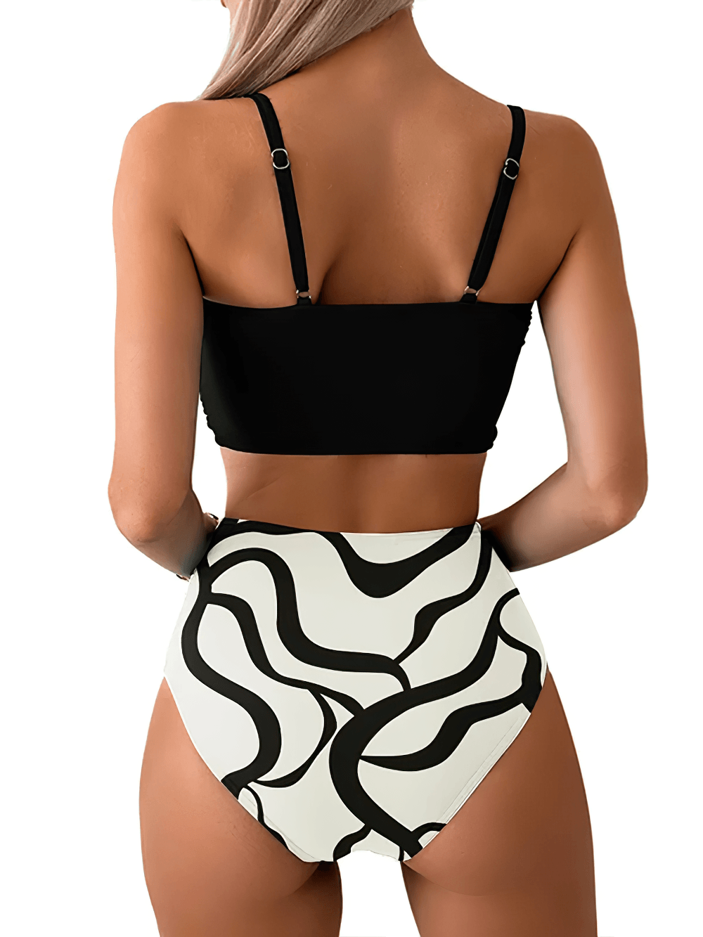 Female Twist Front High Waist Swimsuit Set - SF4611, showing the back view of a black top and patterned high-waist bottoms.