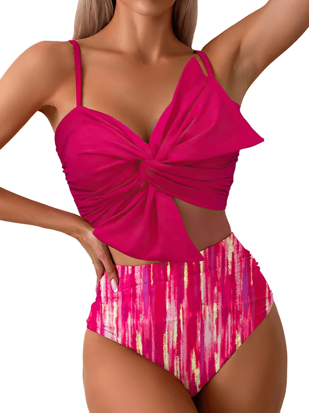 Female Twist Front High Waist Swimsuit Set - SF4611 in vibrant pink with ruched detailing and high-waisted bottoms.