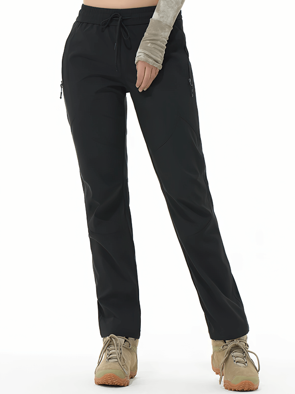 Alt Tag: Female Waterproof Hiking Pants with Zip Pockets - SF4397 black women’s hiking pants with elastic drawstring waist and zip pockets