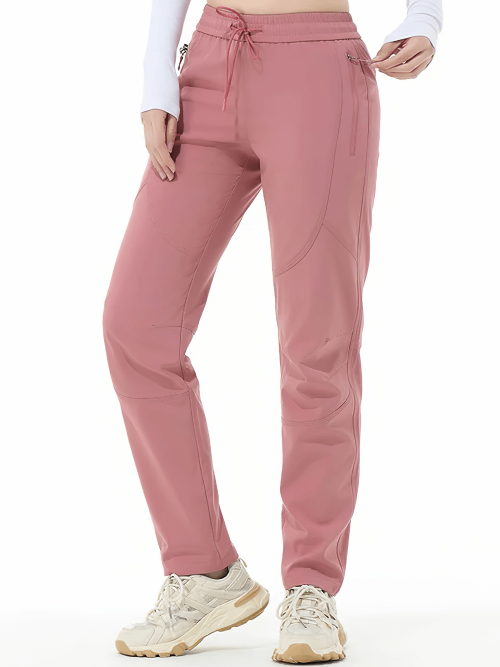 Alt Tag: Female Waterproof Hiking Pants with Zip Pockets - SF4397 dusty pink ankle-length pants with drawstring waist and zip pockets