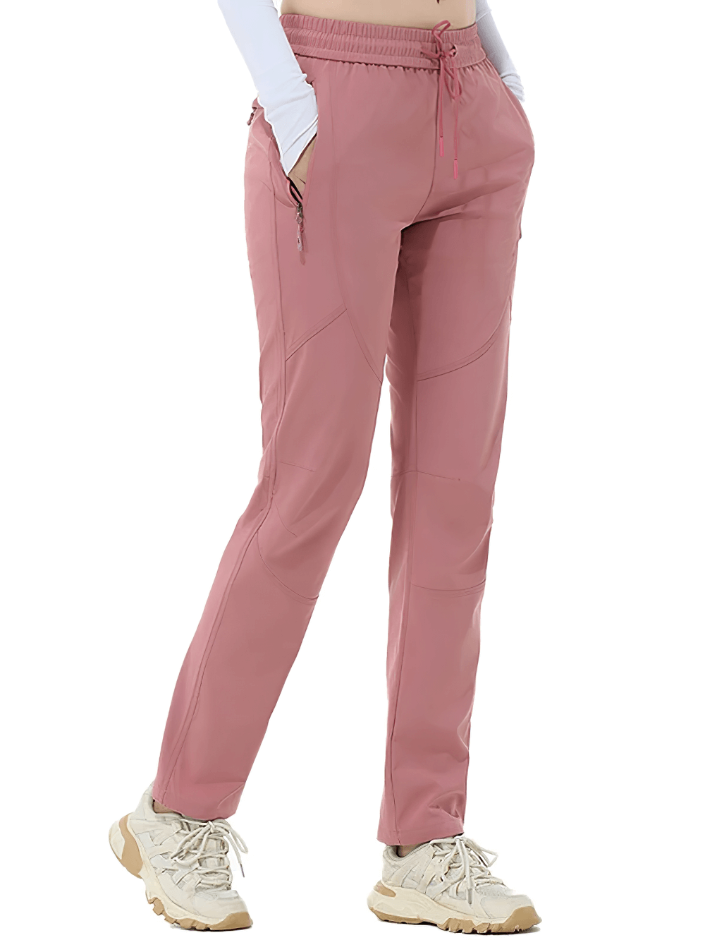 Alt Tag: Female Waterproof Hiking Pants with Zip Pockets - SF4397 dusty pink ankle-length women’s waterproof hiking pants with elastic waist and zip pockets