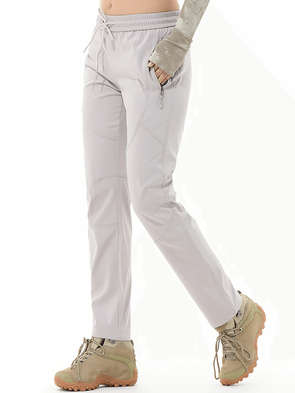 Alt Tag: Female Waterproof Hiking Pants with Zip Pockets - SF4397 women’s light gray hiking pants with elastic waist and zip pocket