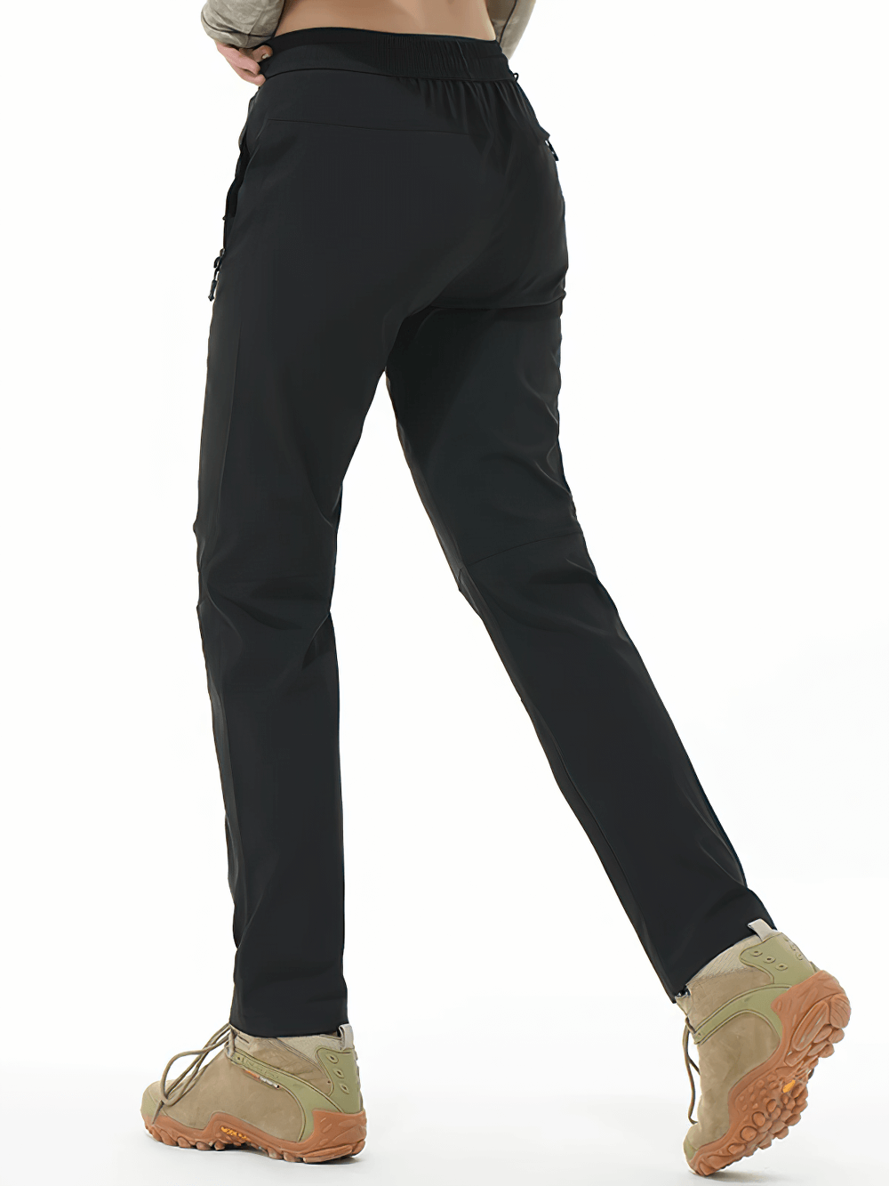 Alt Tag: Female Waterproof Hiking Pants with Zip Pockets - SF4397 black tapered ankle hiking pants, elastic waist, zip pockets, back view