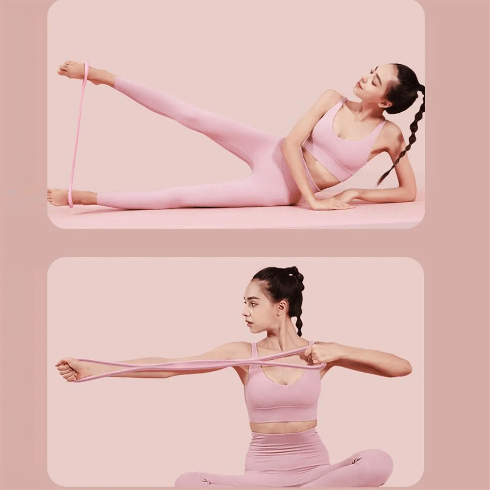 Woman exercising with pink figure 8 silicone resistance bands for arms and legs training, enhancing flexibility and muscle strength.