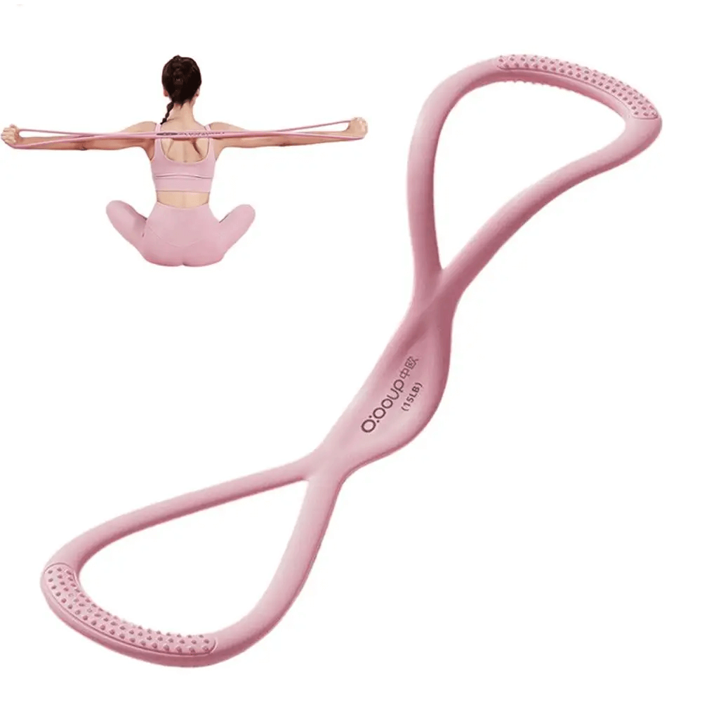 Figure 8 silicone resistance band for arms, back, and shoulders in pink, shown with a person demonstrating its use in a workout.