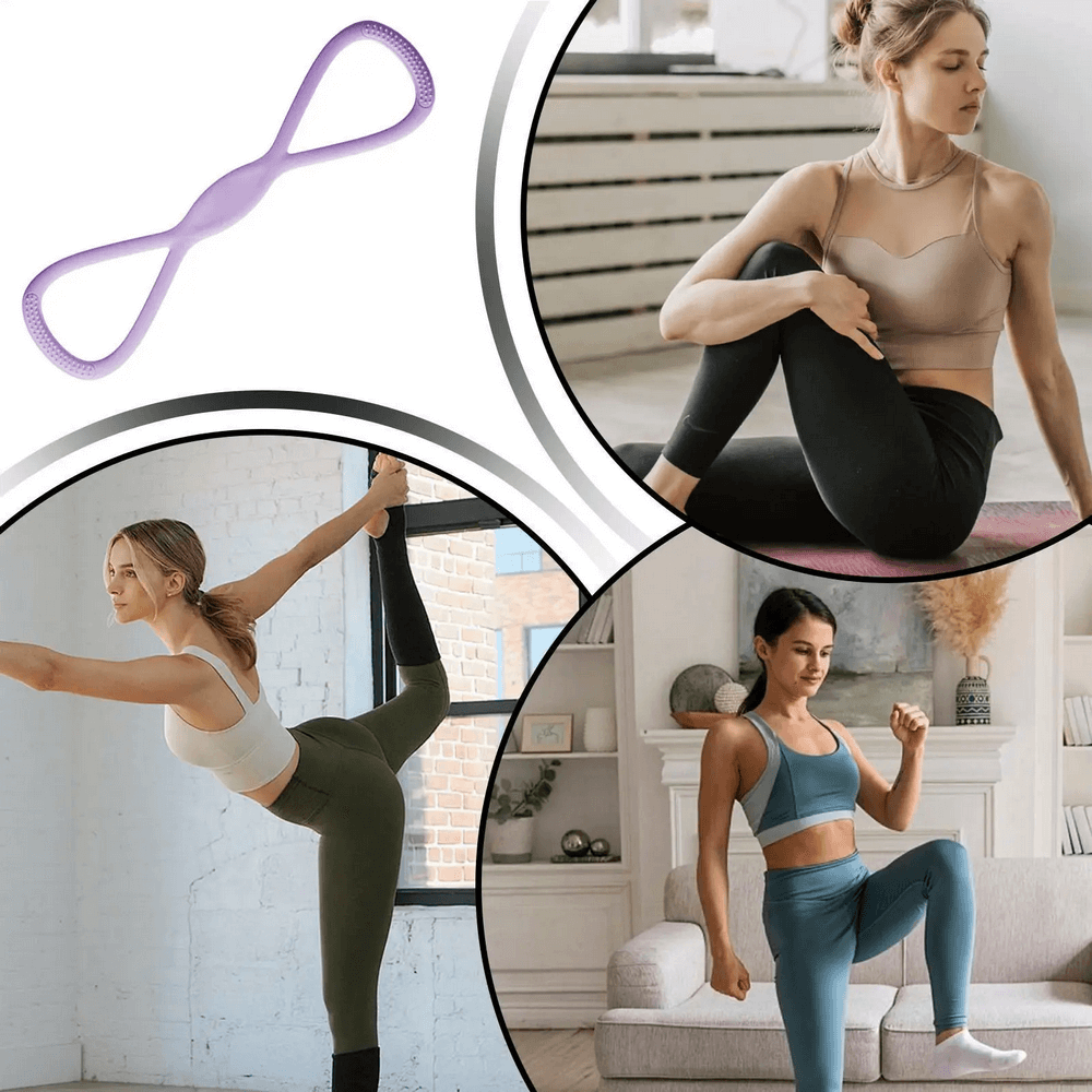 Women using figure 8 silicone resistance bands for yoga and home workouts, enhancing arms, back, and shoulder strength.