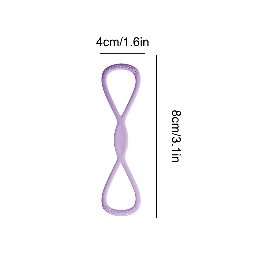 Purple figure 8 silicone resistance band for arm, back, and shoulder workouts, with dimensions 4cm x 8cm.