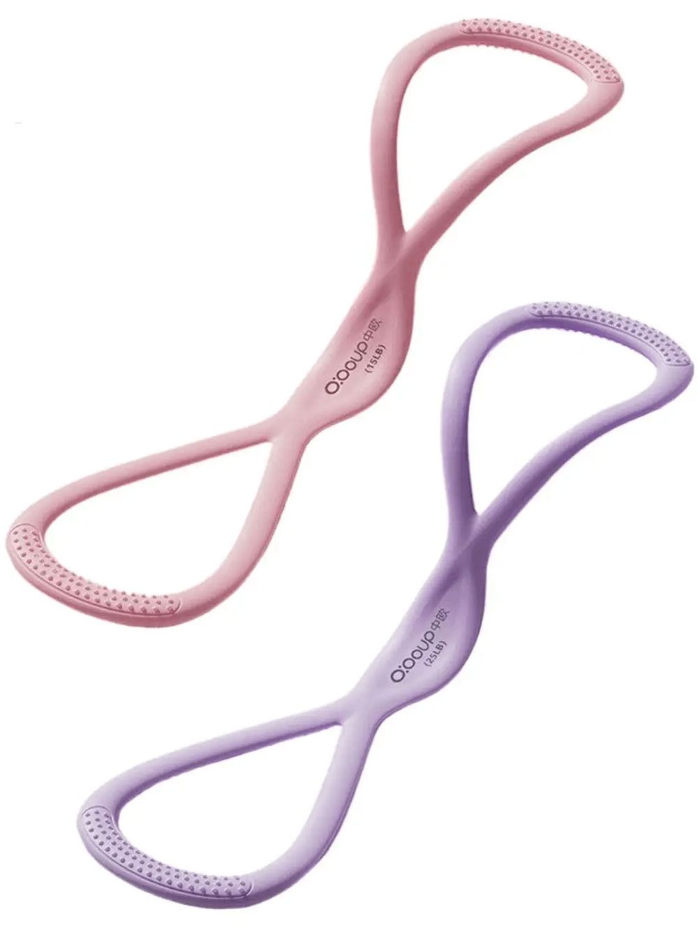 Figure 8 silicone resistance bands in pink and purple for fitness, perfect for arm, back, and shoulder workouts. SF3413