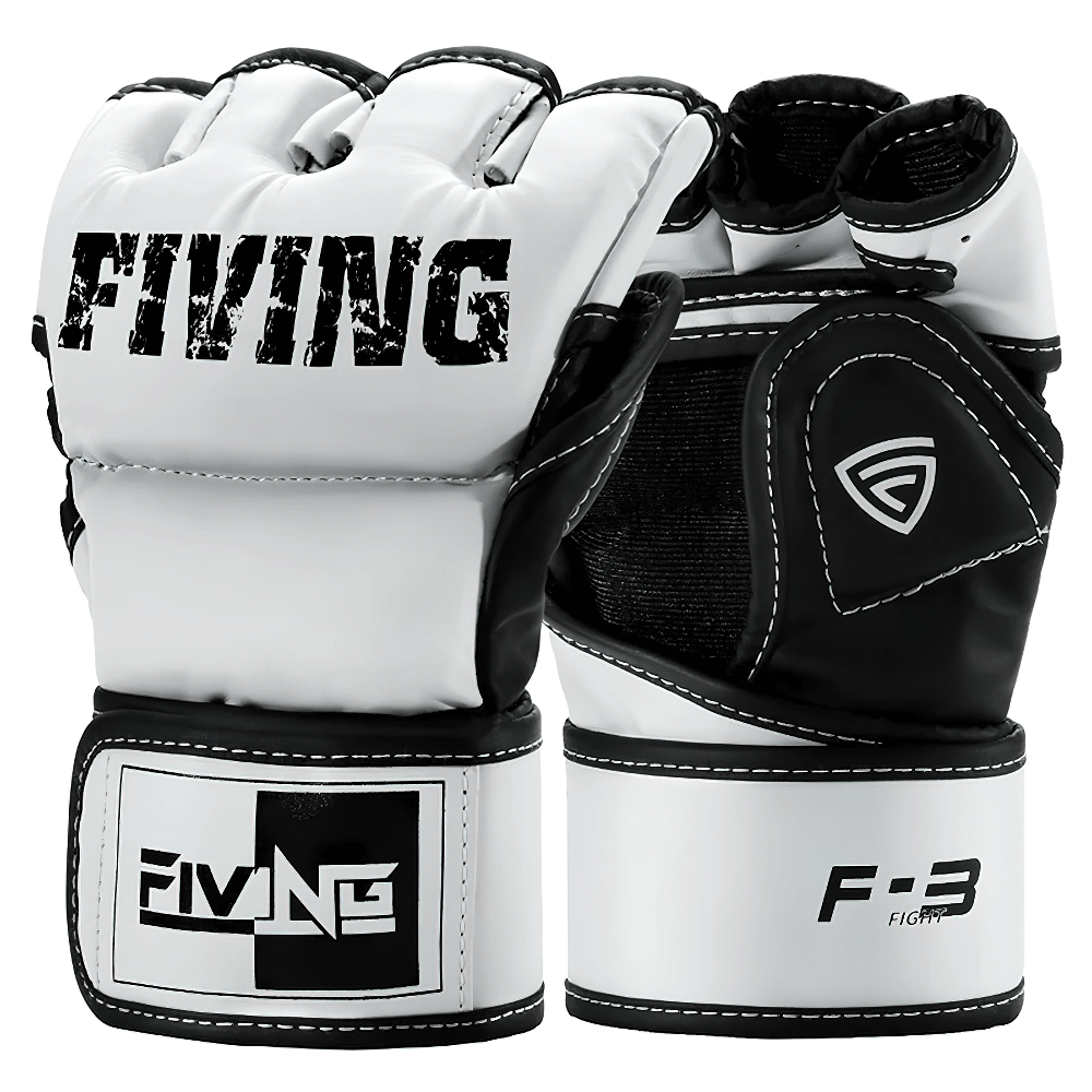 Fingerless MMA training gloves with wrist support by Fiving; white and black breathable PU leather, ideal for striking and grappling.