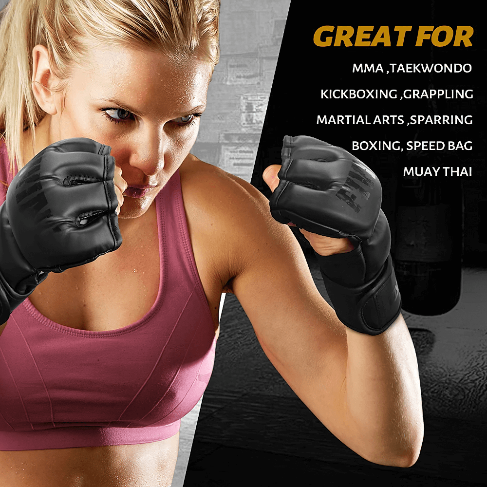 Woman wearing fingerless MMA training gloves with wrist support, ideal for boxing, kickboxing, and martial arts, in gym setting.