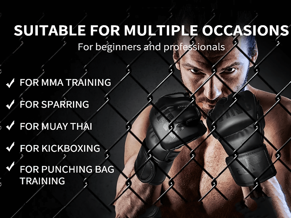 MMA fighter in fingerless training gloves ready for action, suitable for MMA, sparring, Muay Thai, kickboxing, and punching bag workouts.