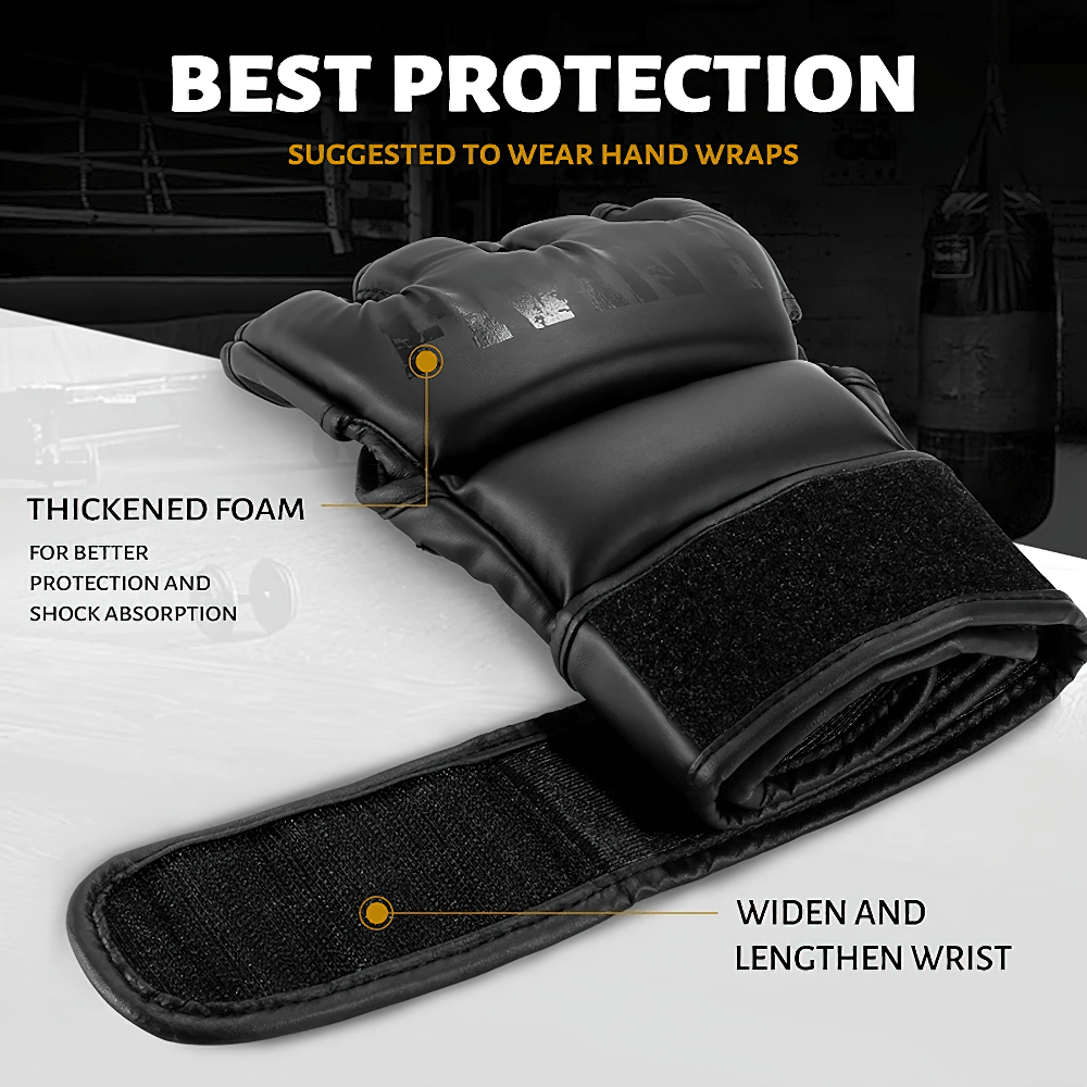 Alt Tag: Fingerless MMA training glove SF2689 with thickened foam and adjustable wrist support for enhanced protection and shock absorption.