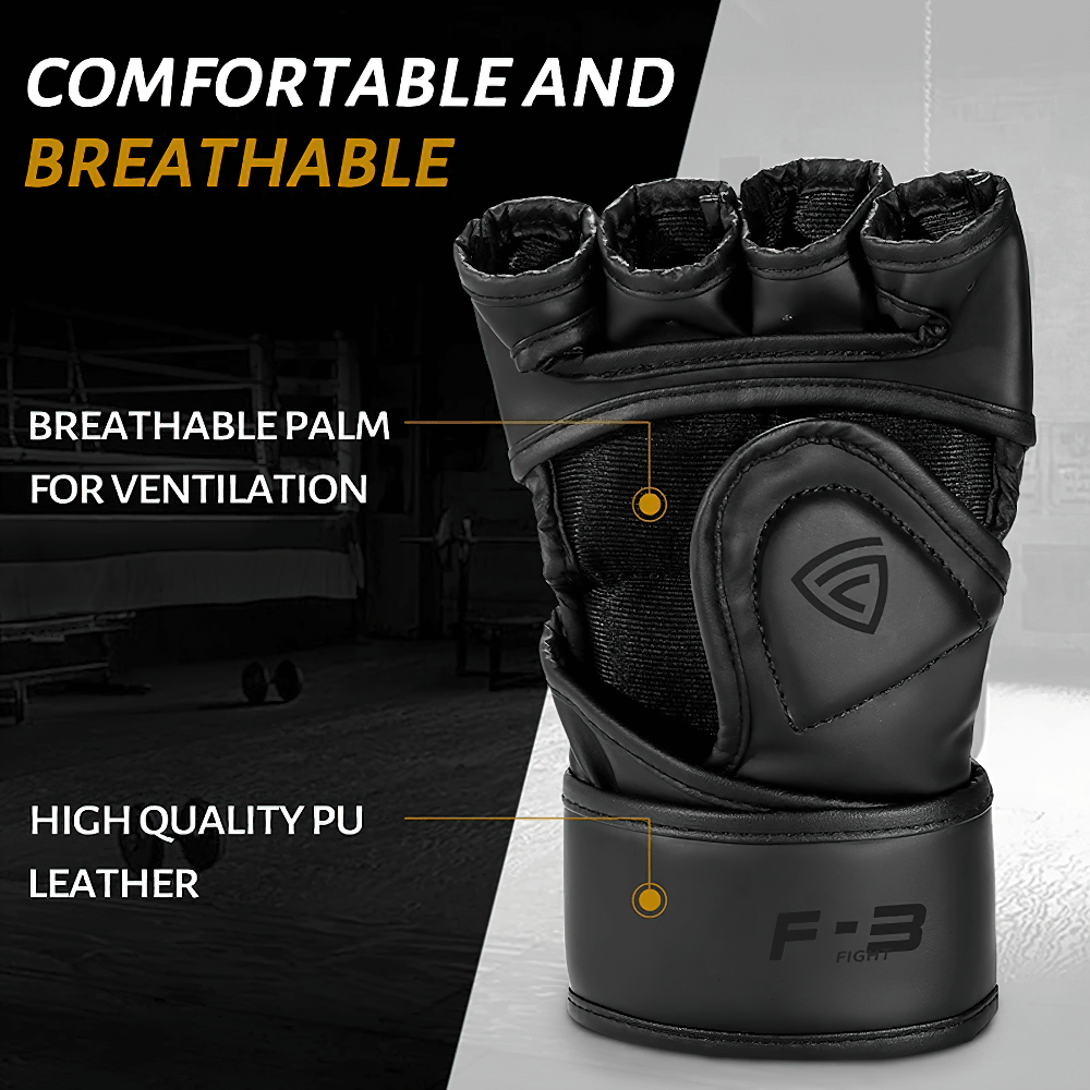 Fingerless MMA Training Gloves with breathable PU leather and wrist support, ideal for boxing and kickboxing.