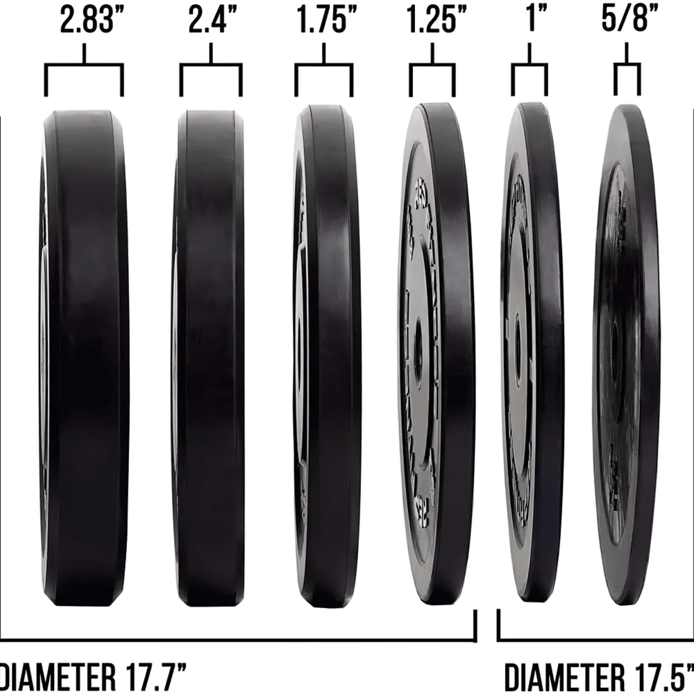 Various sizes of fitness bumper plates for strength and weightlifting, ranging in thickness from 5/8" to 2.83" and diameter 17.5" to 17.7".