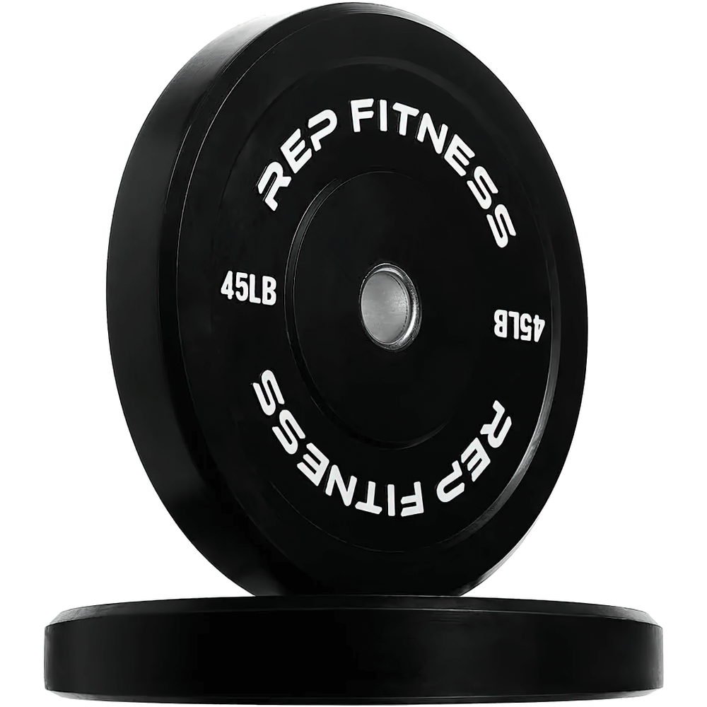 REP Fitness 45LB Bumper Plates for weightlifting, durable and high-impact, ideal for strength training and home gyms.
