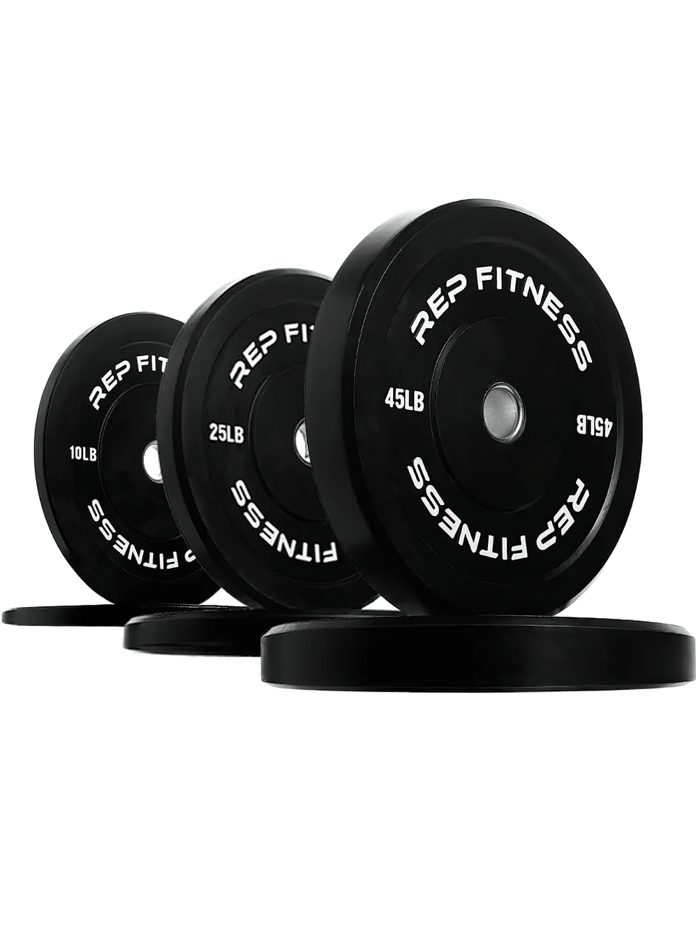 Set of REP Fitness bumper plates for strength and weightlifting, featuring 10lb, 25lb, and 45lb heavy-duty plates.