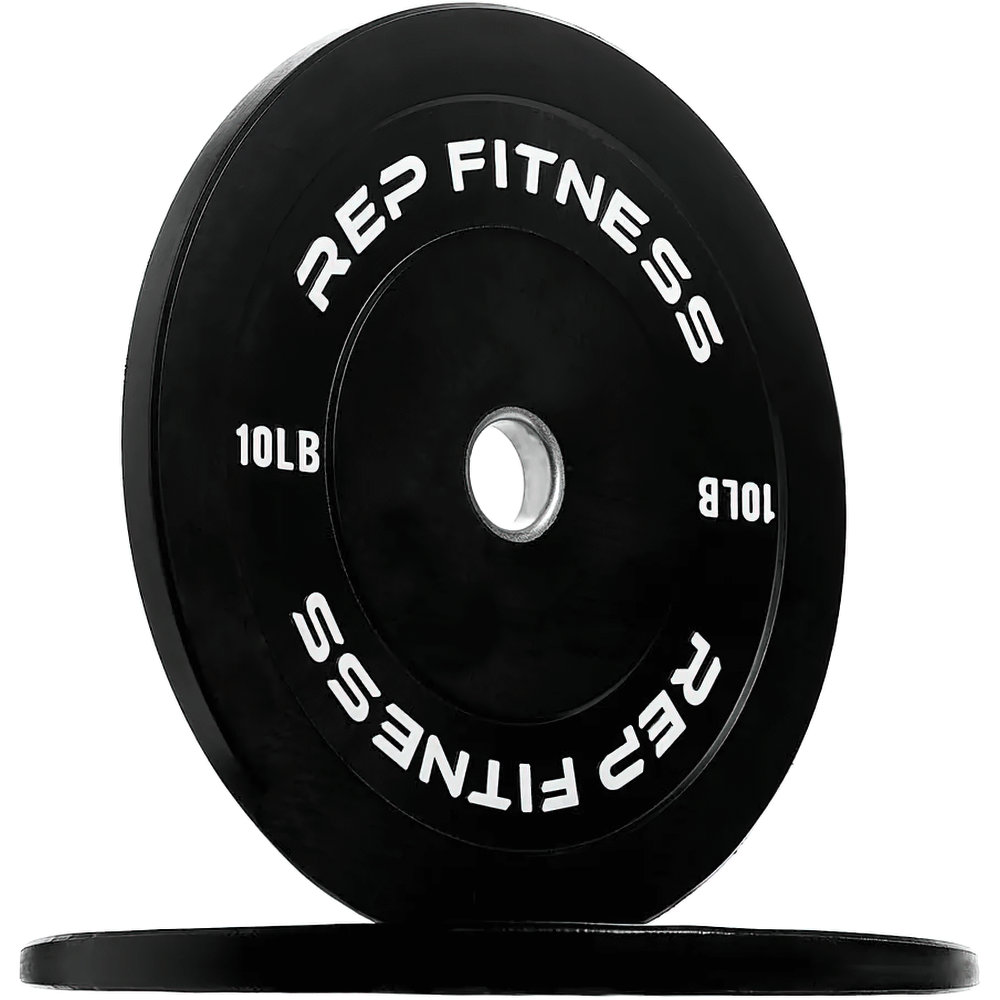 REP Fitness 10lb black bumper plates for strength training and weightlifting, durable and high-impact design.