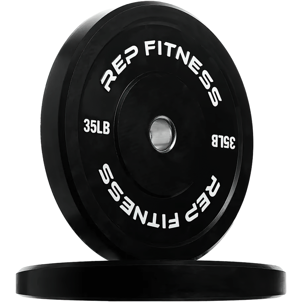 35lb REP Fitness bumper plates for strength training and weightlifting, durable design for home and commercial gym use.