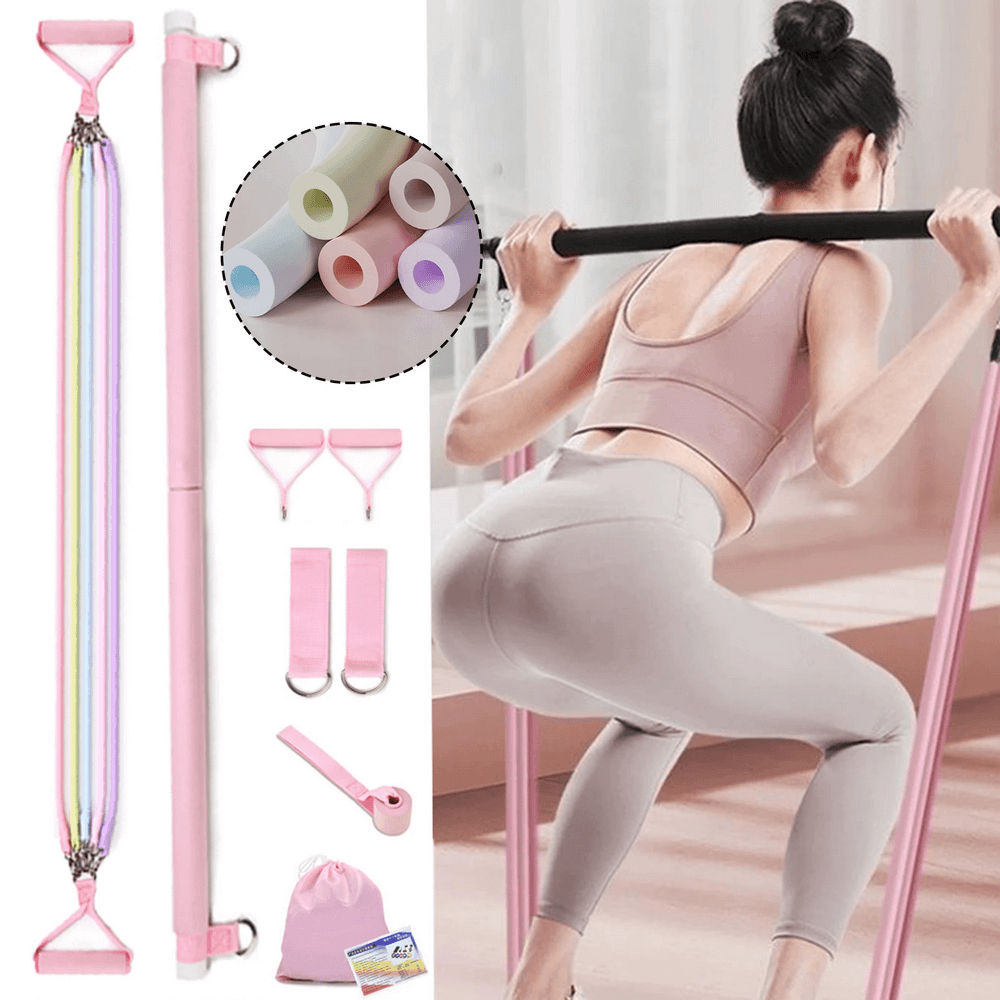 Woman using Fitness Elastic Resistance Band with Handles - SF3430 for home workout, featuring portable toning tube and secure grip handles.