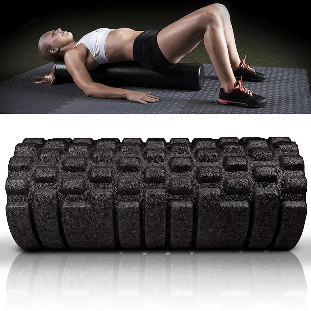 Woman using a high-density EPP foam roller for muscle therapy and yoga exercises, ideal for home or gym fitness routines.