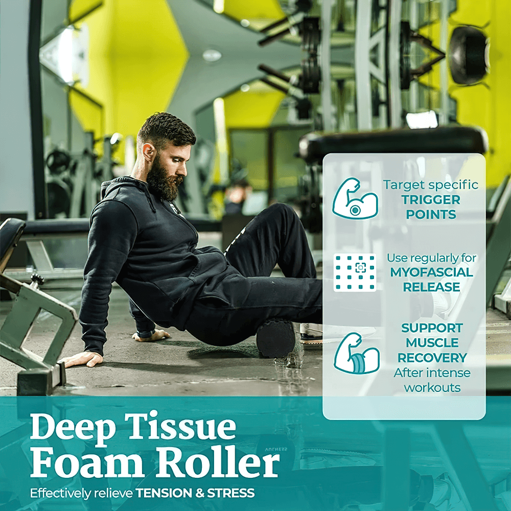Man using deep tissue foam roller in gym for effective muscle recovery and tension relief, focusing on myofascial release.
