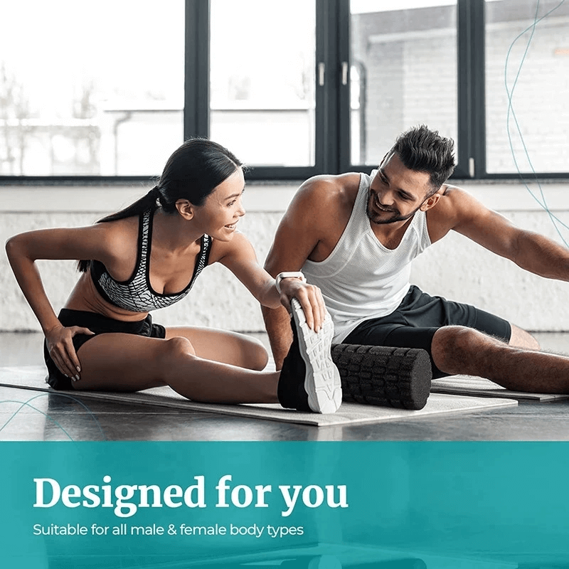 Man and woman exercising with high-density foam roller for therapy and yoga, promoting flexibility and muscle recovery at the gym.