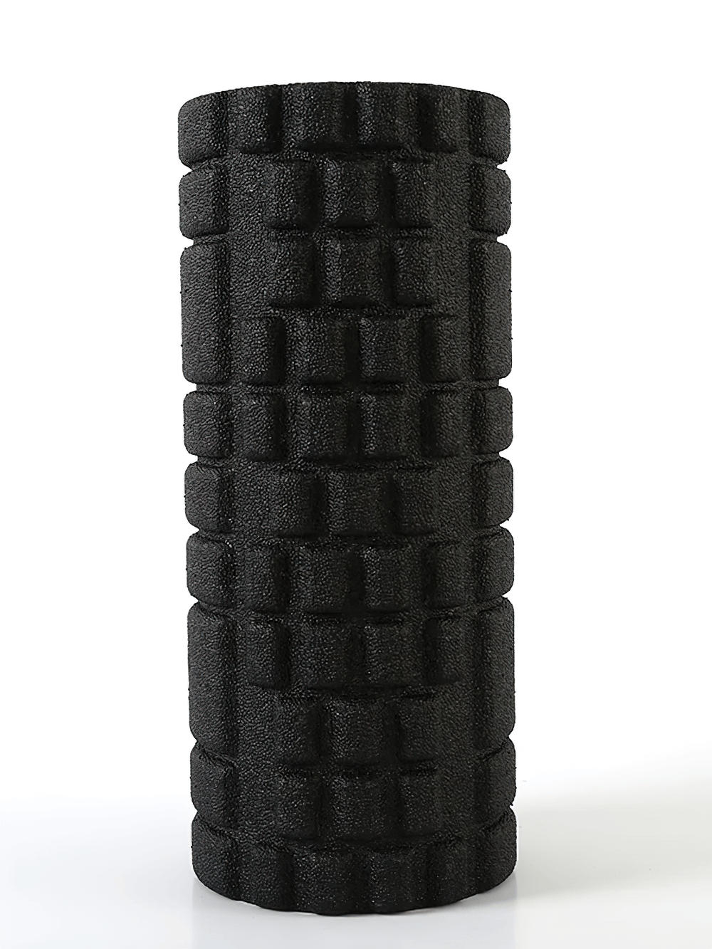 Black high-density foam roller for muscle therapy, Pilates, and yoga exercises. Ideal for home and gym use to enhance flexibility.