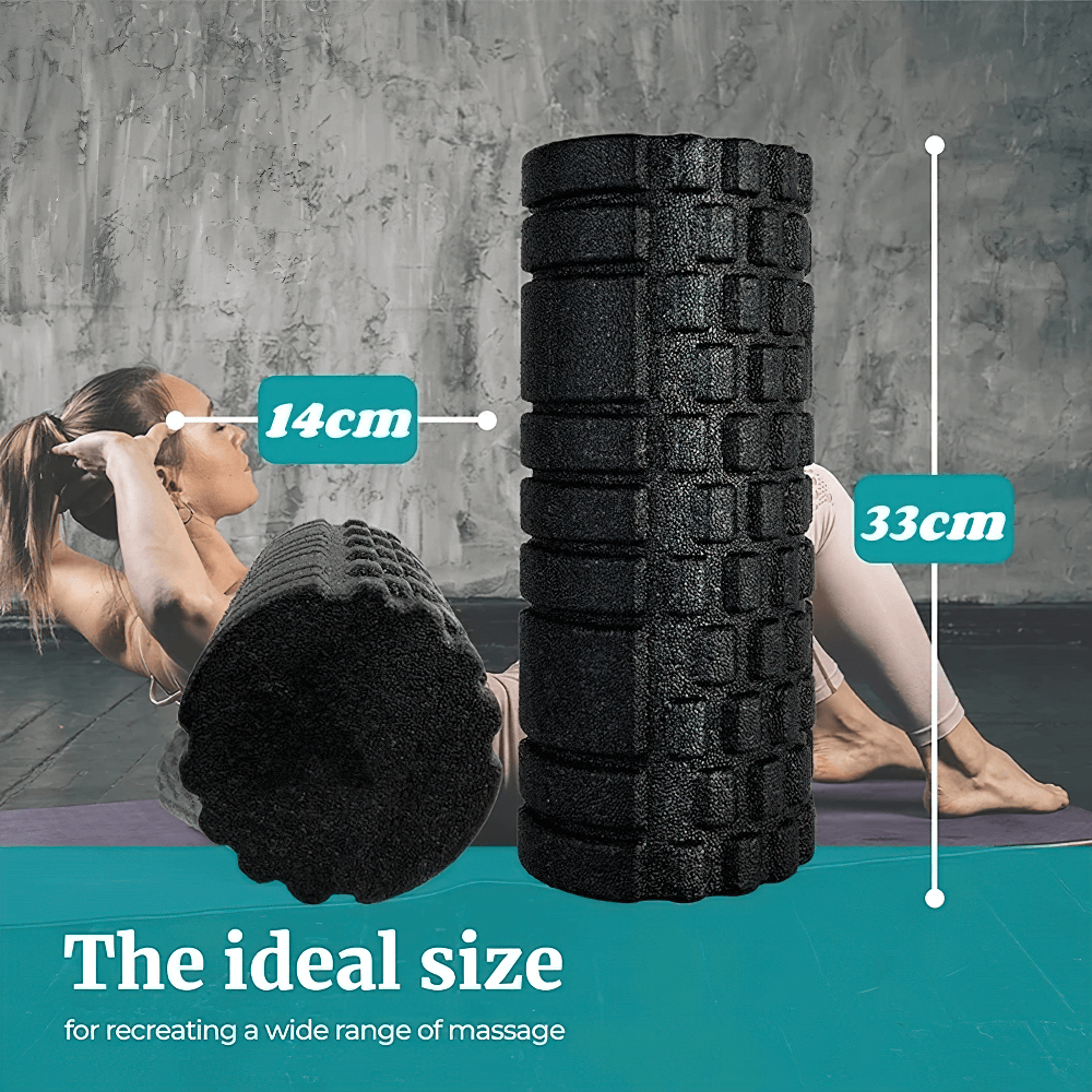 High-density EPP foam roller for effective therapy and yoga exercises, shown with ideal size dimensions of 14cm and 33cm.
