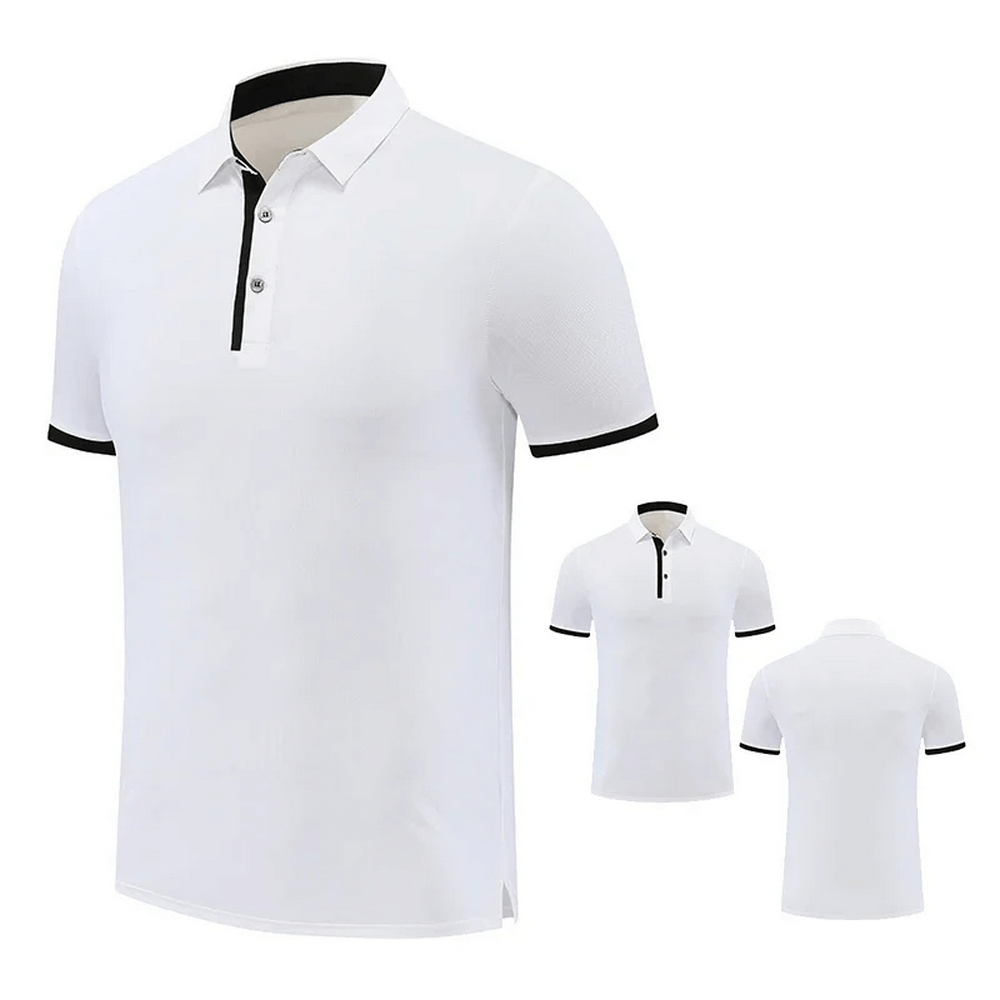 Men's white fitness polo shirt with black trim, stylish casual wear, perfect for every season - lightweight polyester.
