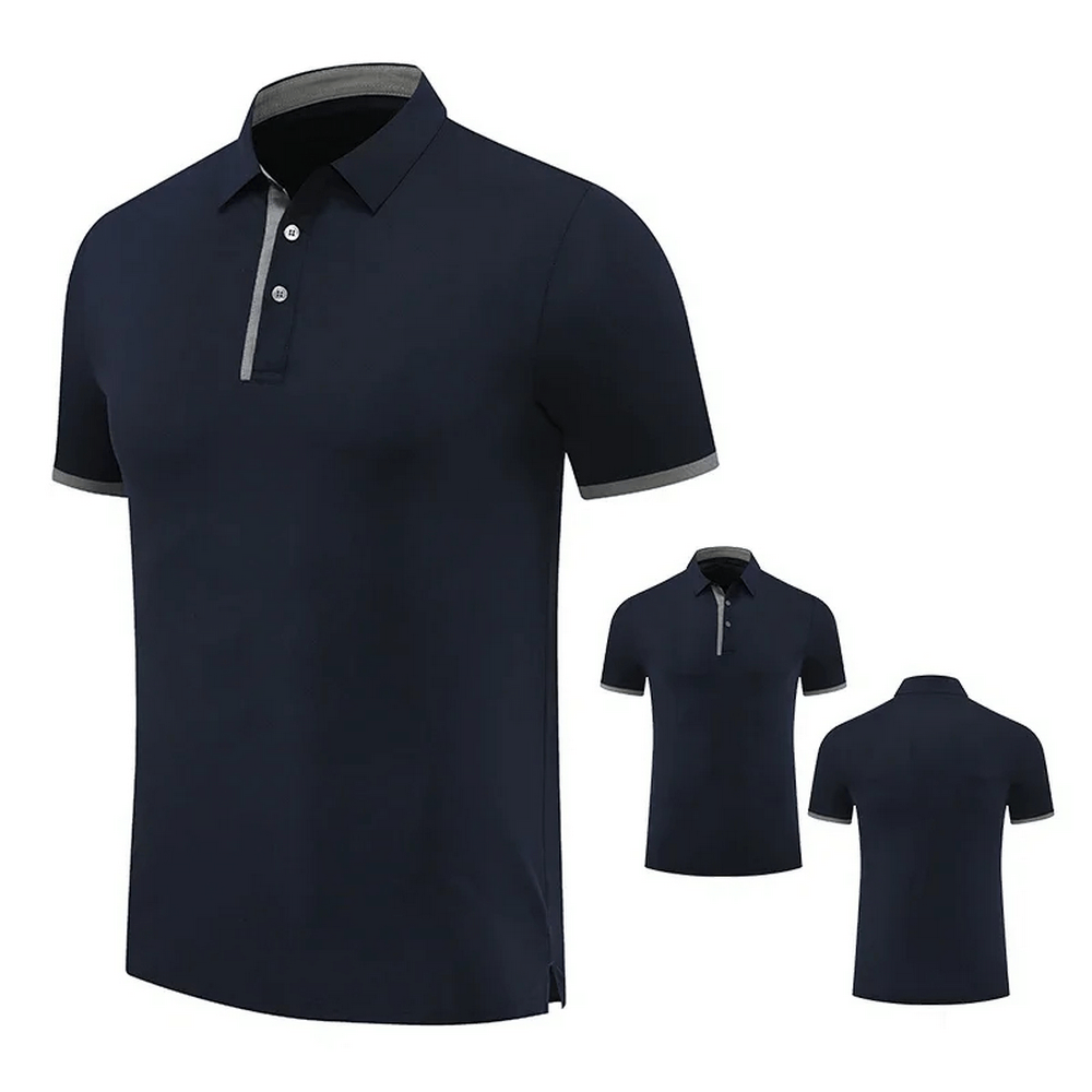 Men's fitness polo shirt in navy, features breathable polyester, ideal for spring, summer, and autumn. Stylish casual wear.