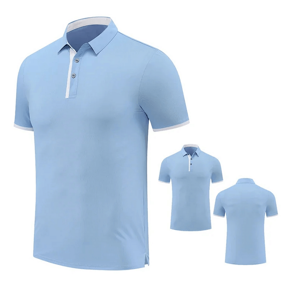Men's fitness polo T-shirt in sky blue, stylish and versatile for spring to autumn, lightweight polyester ideal for casual or smart-casual wear.