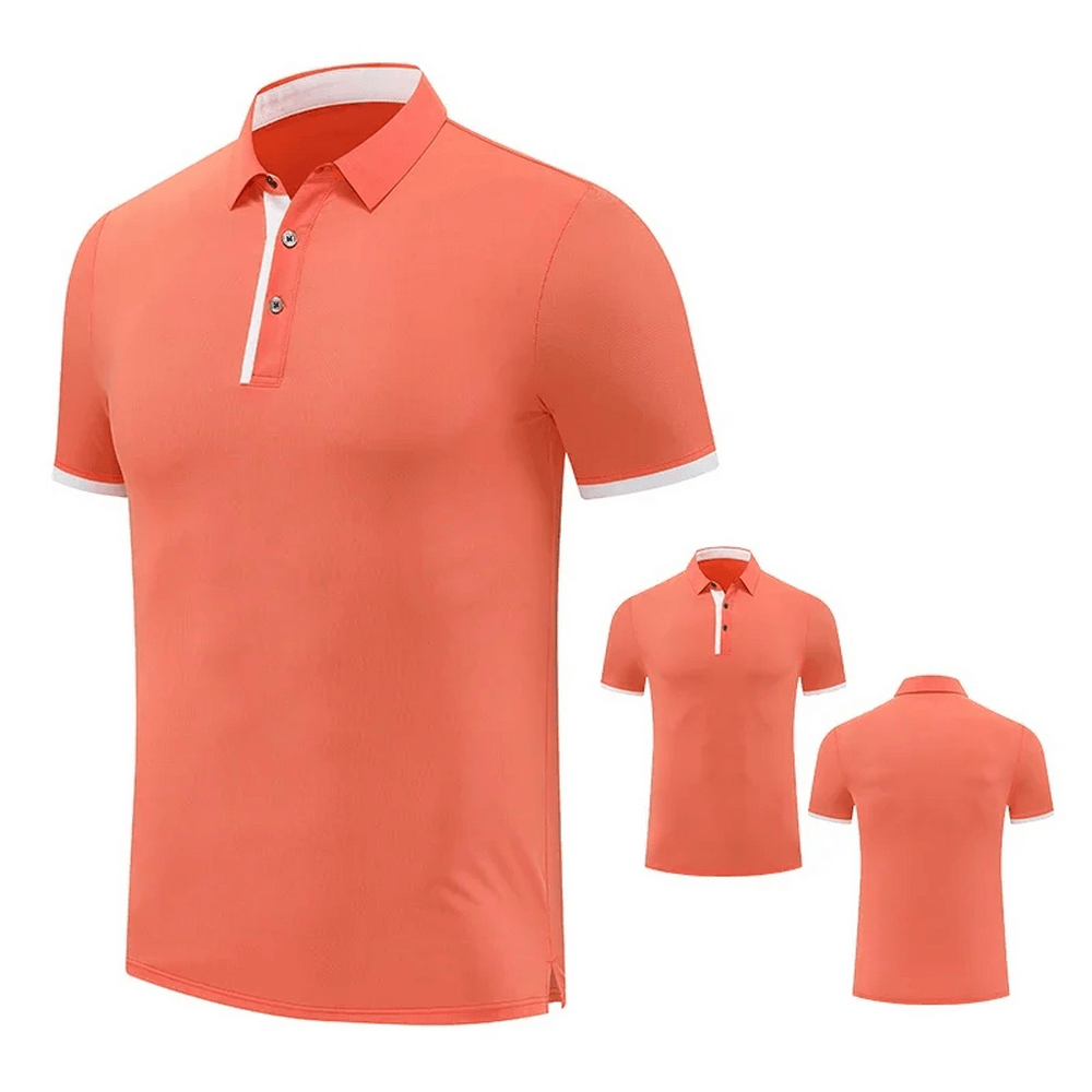 Stylish coral polo t-shirt for men in lightweight polyester, perfect for casual or smart look, highlighted against white background.