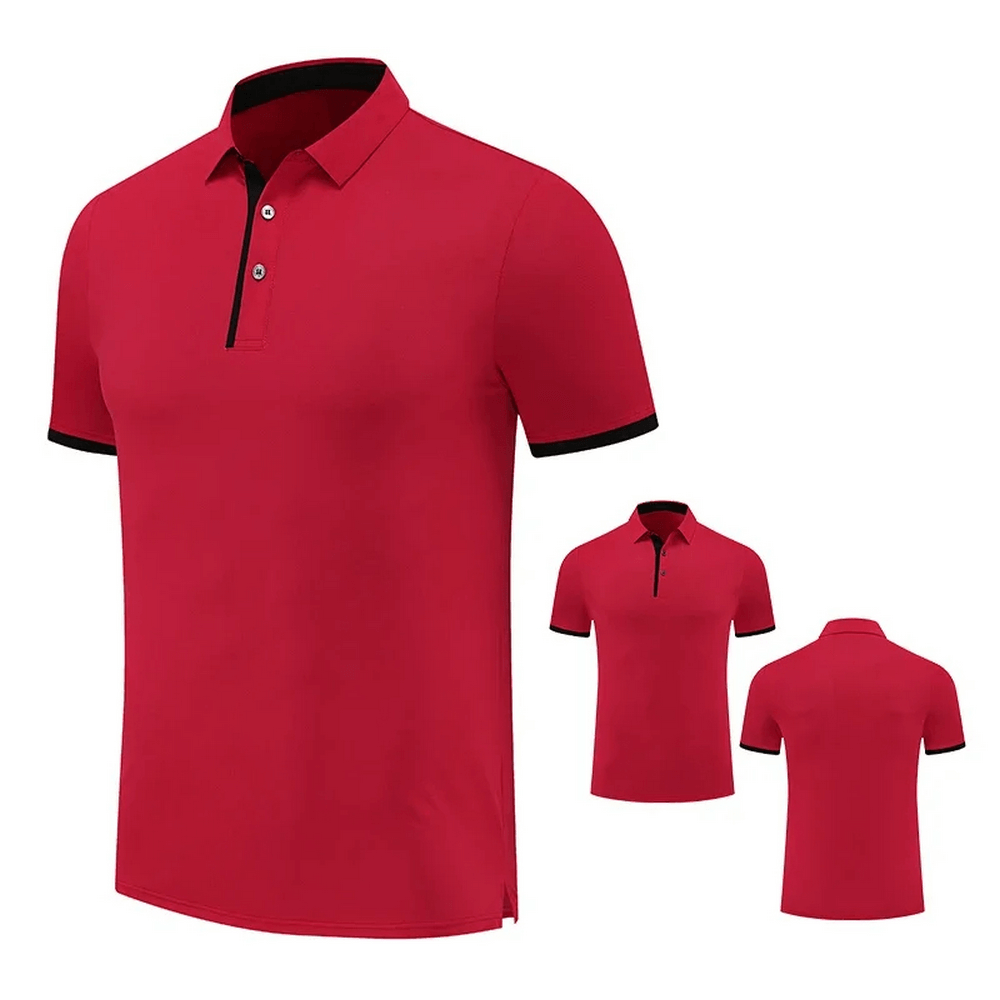 Vibrant red polo t-shirt for men with contrast trim, ideal for casual or smart casual occasions. Lightweight polyester in multiple colors.