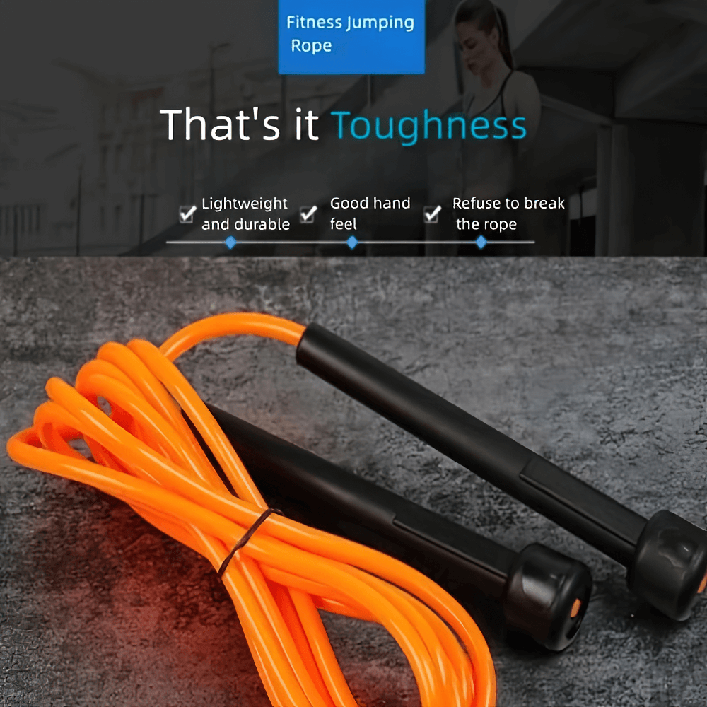 Bright orange fitness skipping rope made of durable PVC, perfect for cardio and training, lightweight with good hand feel.