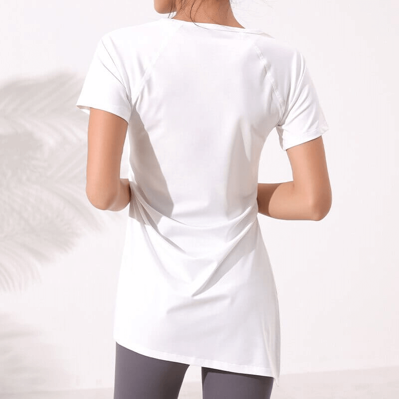 Back view of white fitness solid ladies long t-shirt with drawstring on side, perfect for yoga, featuring wrinkle-resistant fabric.