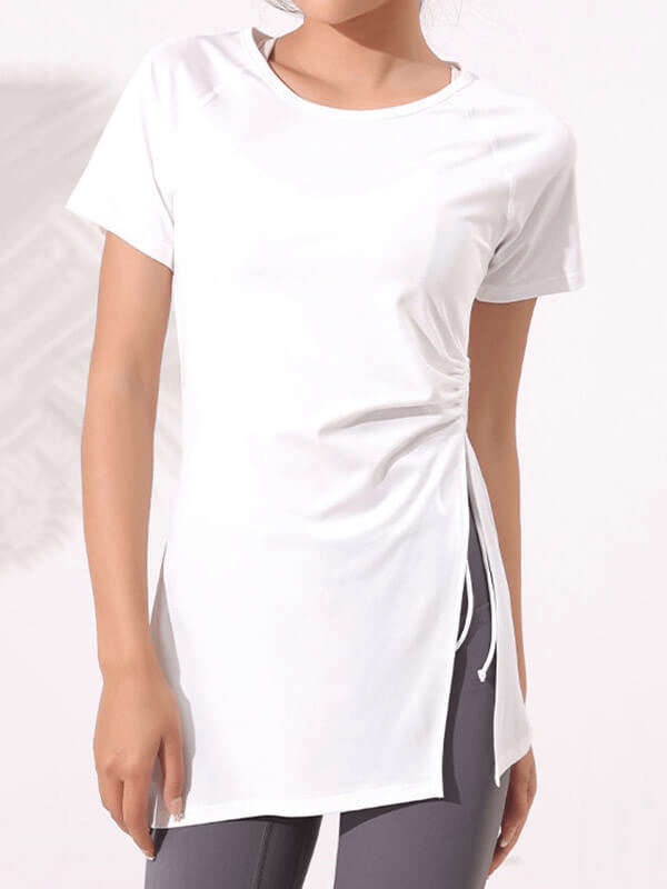 Fitness Solid Damen Langes T-Shirt mit Kordelzug an der Seite – SF1281