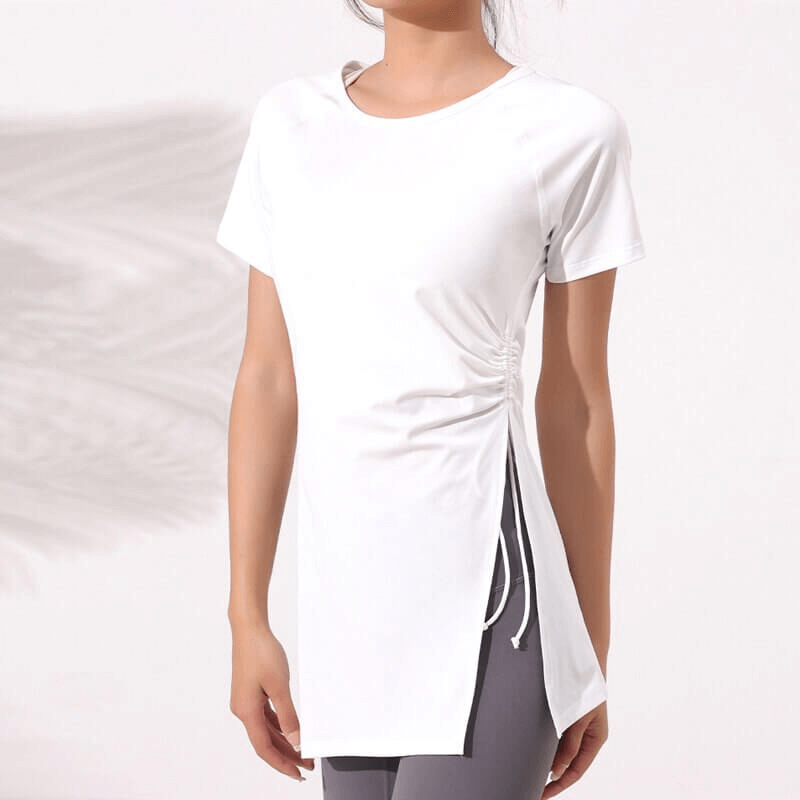 White fitness long t-shirt with drawstring on side, perfect for yoga and workouts. Lightweight, breathable, anti-wrinkle polyester material.