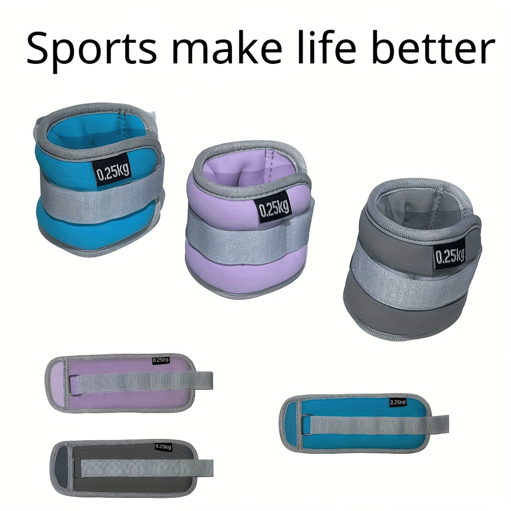 Colorful 0.25kg adjustable ankle and wrist weight straps, featuring hook-and-loop closure, labeled for fitness and rehab use.