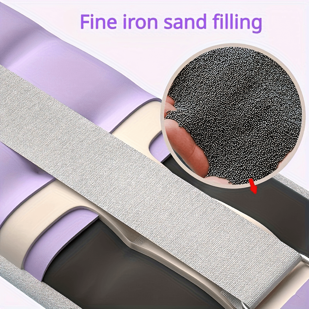 Close-up of fitness weight strap filled with fine iron sand for even distribution. Features secure hook-and-loop closure.