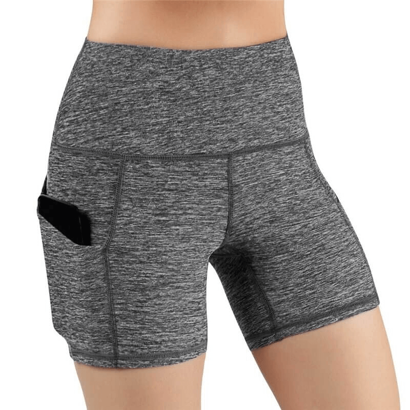Women's high-waist fitness shorts in gray with phone pocket, featuring a stretchy, comfortable fit ideal for active lifestyles.