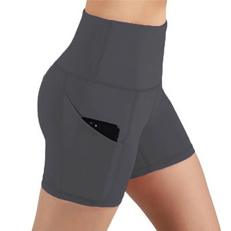 High-waist women's fitness shorts with phone pocket, gray color, shown in side view highlighting functionality and style. Perfect for workouts.