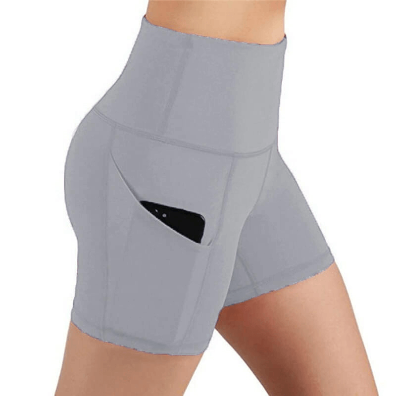 High-waisted women's fitness shorts with phone pocket, designed for comfort and functionality during workouts. Ideal for an active lifestyle.